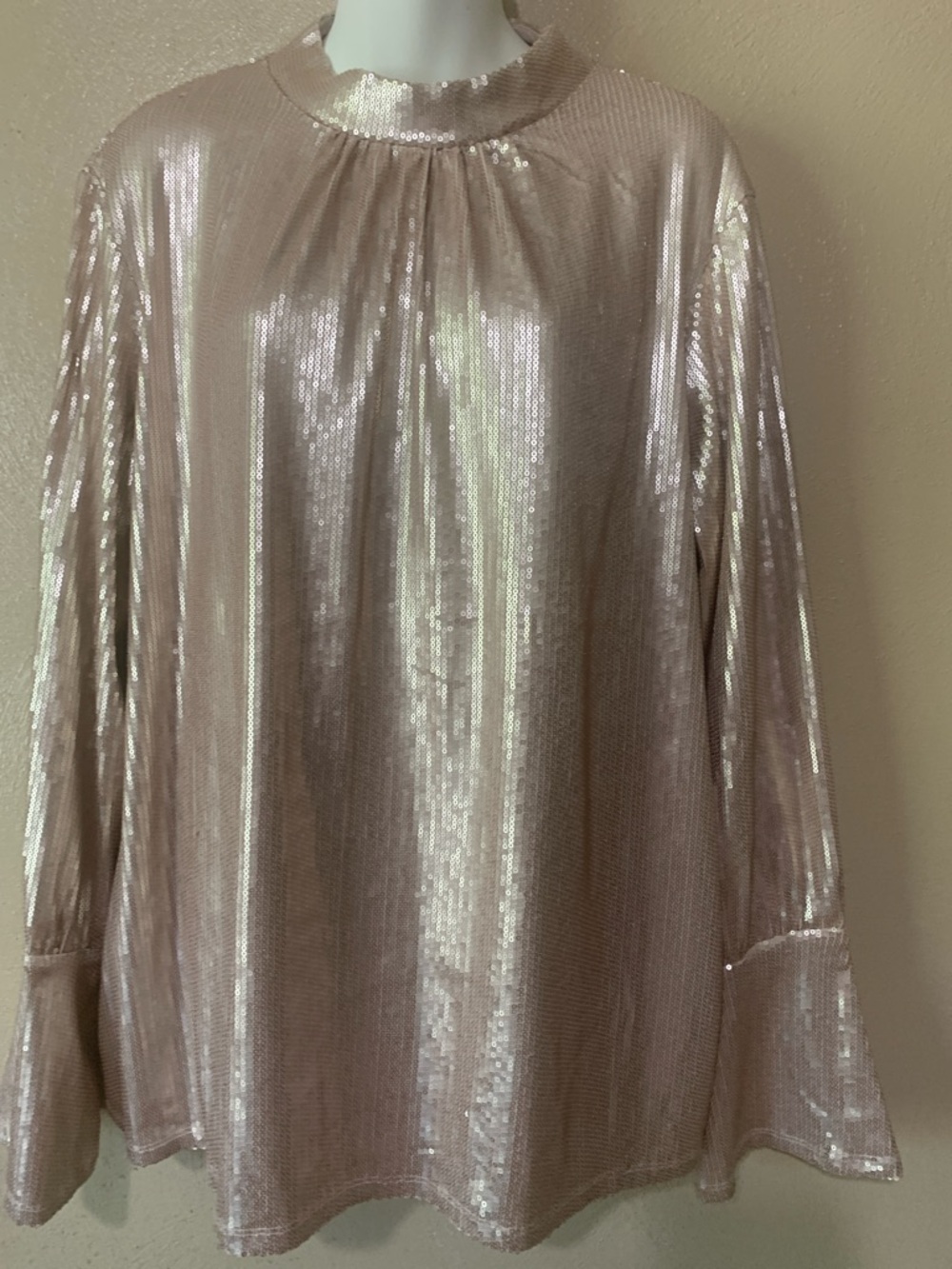 Gibson Look XL Metallic Blush Rose Long-Sleeve Sequin Top